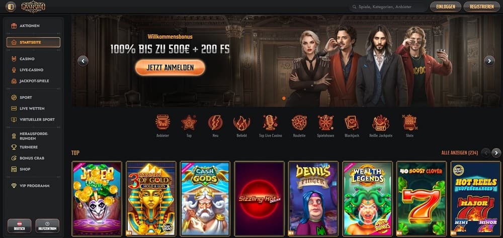 Casino ohne LUGAS-Startseite auf Deutsch mit einem Willkommensbonus von '100% bis zu 500€ + 200 Freispiele.' Die linke Seitenleiste enthält Kategorien wie Casino, Live-Casino, Sportwetten und VIP-Programm, während im Hauptbereich beliebte Slot-Spiele wie Joker's Luck und Pyramids of Gold angezeigt werden.